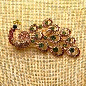 Large Peacock Phoenix Brooch Multicolor Crystals
